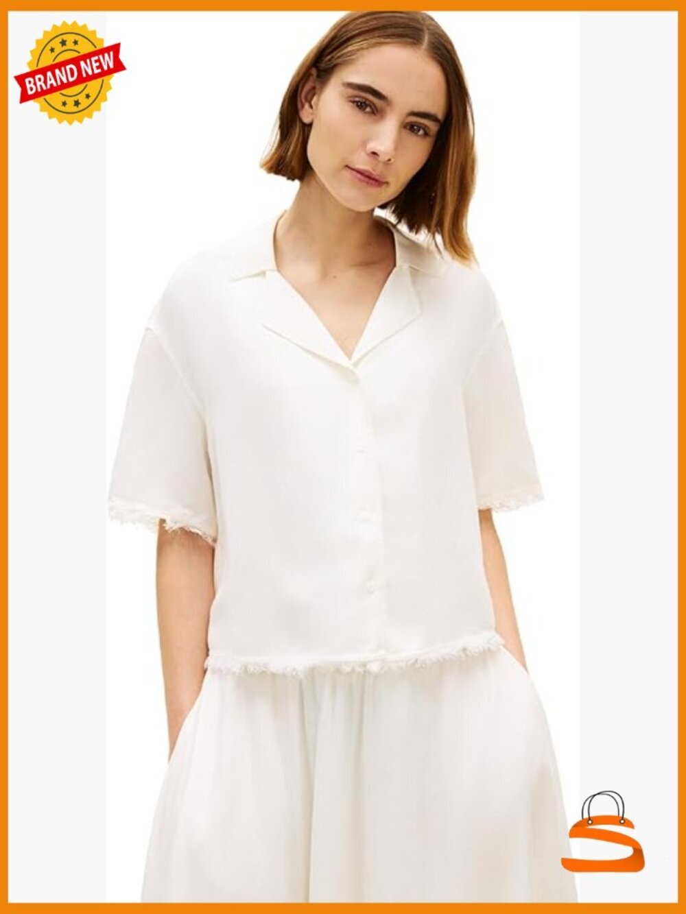Cropped Short Sleeve Linen Button Down Shirt with Distressed Details